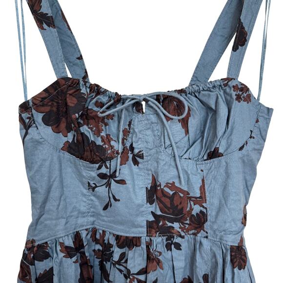 Free People Laters Baby Denim Blue Floral Midi Dress Storm Combo Size L Boho - Picture 6 of 9